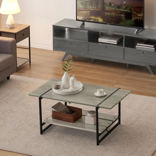 Miniatura 4 de Mesa auxiliar para sala de estar, mesas de sala de estar de 2 niveles, mesa de centro moderna para sala de estar, mesa de centro de madera de granja