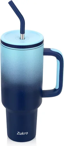 Zukro - Vaso de 40 oz con asa y pajita, tapa roscada con orificio ancho para pajita, taza de acero inoxidable aislada que cabe en el portavasos para
