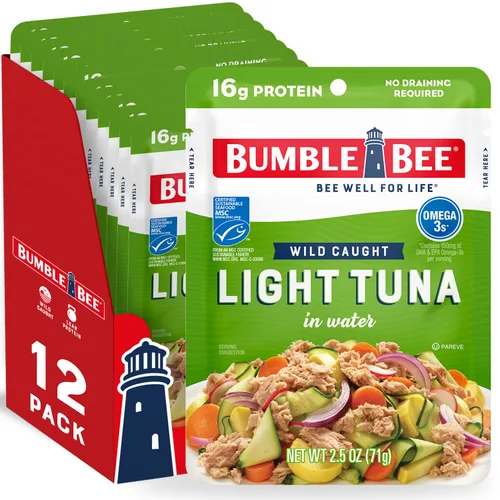 Miniatura 14 de Bumble Bee Chunk Light Atún en agua, bolsas de 2.5 onzas (paquete de 3) – Paquete de atún capturado salvaje listo para comer, 0.63 oz de proteína