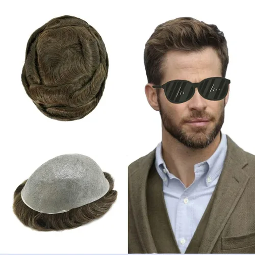 Miniatura 12 de Pieza de pelo para hombre Toupee pelo humano real tupé para hombres piezas de pelo sistema de reemplazo para hombres piel ultra fina 0.002 in 17#