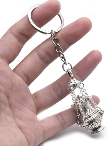 Miniatura 4 de Surakey Llavero con quemador de incienso de incensario, llavero de fe cristiana en tono plateado, regalo religioso, aleación de zinc, llavero