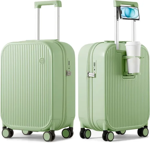 Maletas mixi con soporte para taza y teléfono, maletas rígidas de viaje con ruedas giratorias, Verde aguacate, 20 pulg., Moda