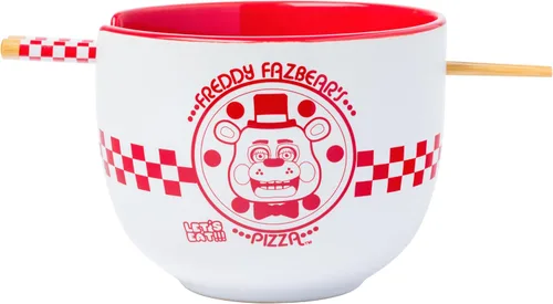 Silver Buffalo Five Nights at Freddy's Freddy Fazbear - Cuenco de cerámica para fideos ramen y arroz con diseño de caja de pizza, con palillos y