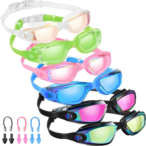 Miniatura 10 de Flutesan Paquete de 6 gafas de natación para adultos, antiniebla, con tapones para los oídos, clip para la nariz, sin fugas, protección completa