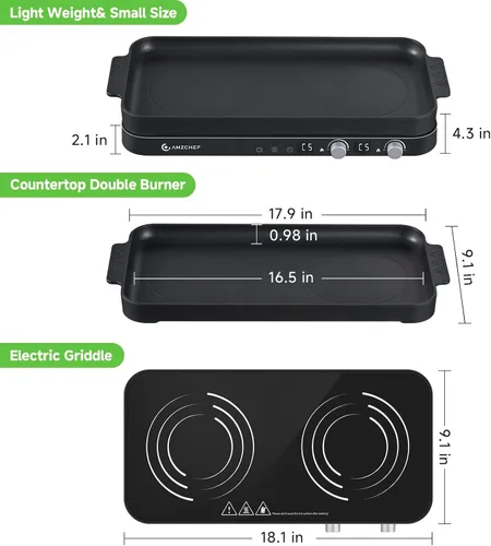 Miniatura 2 de AMZCHEF Placa de cocción de doble inducción con plancha extraíble antiadherente, 1800 W, 2 quemadores, estufa de inducción portátil con sensor