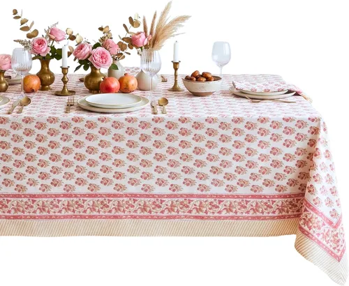 Miniatura 31 de ATOSII Mantel Redondo Bohemio Jade de Algodón 100%, Mantel de Lino con Estampado Floral de Bloques para Comedor, Fiestas, Bodas, Exteriores I