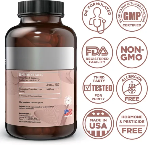 Miniatura 2 de Cápsulas de hígado de res alimentadas con pasto Optimal Carnivore, liofilizadas en píldoras convenientes, 180 cápsulas, suplemento disecado