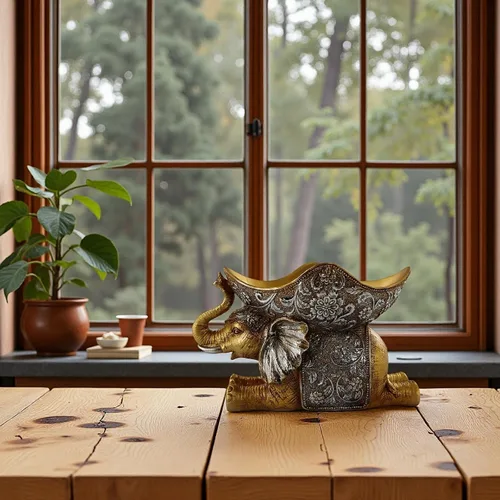 Miniatura 5 de Lescafita Escultura de Elefante Africano Dorado, Exquisita Decoración Animal para el Hogar, con Bandeja de Almacenamiento en la Parte Superior