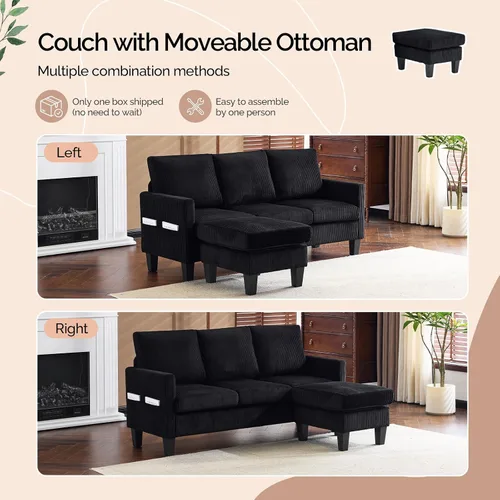 Miniatura 4 de VINGLI Sofá en forma de L de 68.5 pies con otomana de almacenamiento móvil, sofá modular convertible en tela de pana suave, moderno sillón Negro