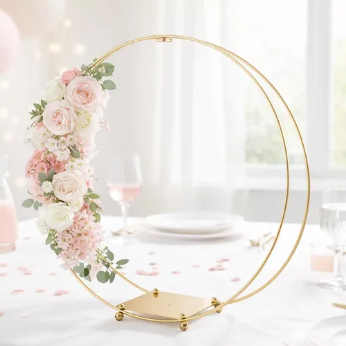 Miniatura 7 de Paquete de 3 centros de mesa de aro floral de metal doble de 12 pulgadas con soporte y alambre de paleta de 38 yardas, decoración de mesa para Dorado