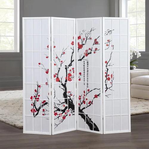 Miniatura 3 de Roundhill Biombo negro de 4 paneles con diseño japonés de flor de ciruelo