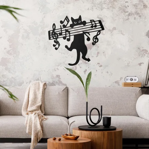 Miniatura 6 de Otoolling Notas musicales para decoración de pared con diseño de gato negro de metal, letreros musicales para colgar, decoración del hogar para sala
