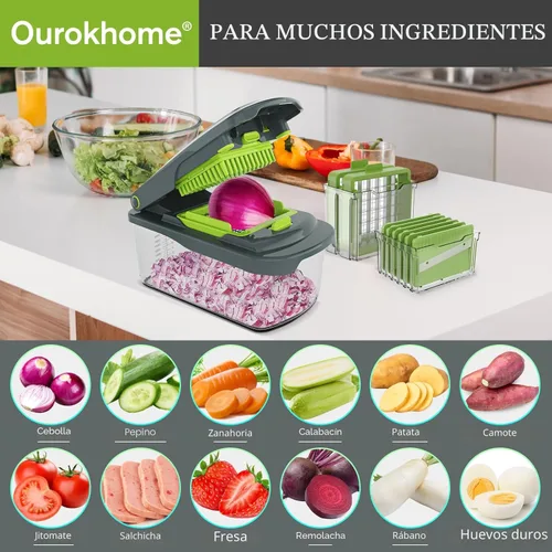 Miniatura 9 de Ourokhome Picadora manual de alimentos con contenedor, cortador de verduras de mandolina y cebolla con 8 cuchillas, trituradora de verduras