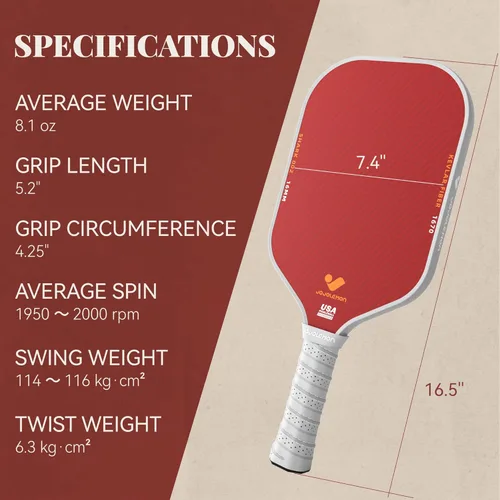 Miniatura 5 de JOJOLEMON Paletas de pickleball, pala de fibra de carbono con un núcleo de polímero Shark Power de 0.63 pulgadas, las raquetas de pickleball Rojo