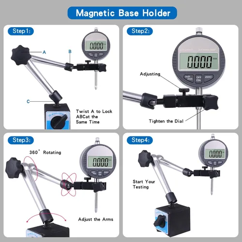 Miniatura 4 de Indicador de esfera digital electrónico con base magnética ajustable de precisión, brazo largo 0-1" / 25.4mm, conversión de pulgadas/metros, medidor