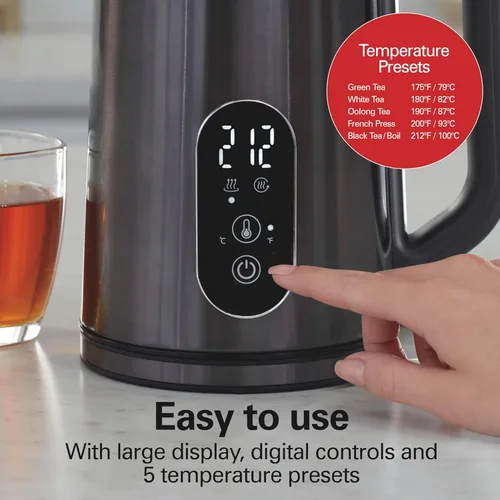 Miniatura 3 de Hamilton Beach Tetera Eléctrica Digital con Control de Temperatura, Hervidor y Calentador de Agua 1.7L, 5 Modos Preestablecidos + Mantener Caliente