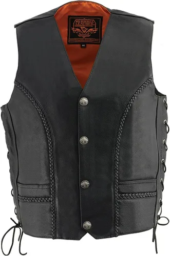 Miniatura 8 de Milwaukee Leather ML1359 - Chaleco de cuero negro para hombre, premium, con encaje lateral, para motociclista, con cierre de broches de níquel