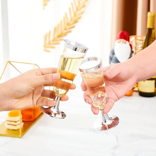 Miniatura 2 de N9R 24 copas de champán de plástico con borde plateado, copas de champán desechables transparentes de 5 onzas, perfectas para brindis de bodas