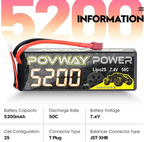 Miniatura 2 de 5200mAh 2S Lipo Battery 80C 7.4V RC LiPo - Carcasa rígida con enchufe en T para automóviles RC, camión RC, avión RC, helicóptero RC, dron
