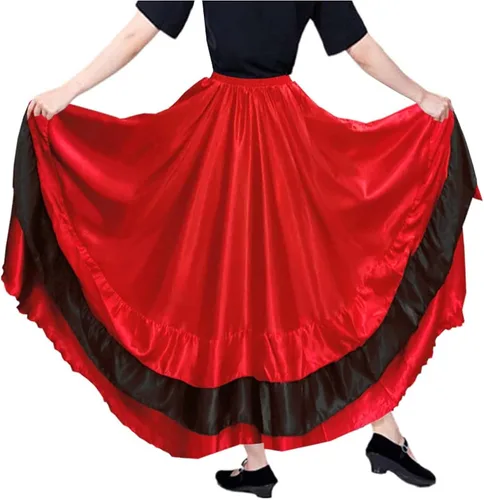 Miniatura 2 de BACKGARDEN Falda larga de satén con capas negras y rojas para mujer, para flamenco español, danza del vientre, ballet mexicano, actuación folklórica