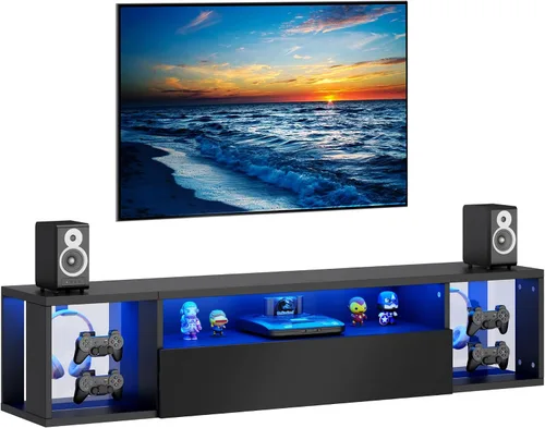 Miniatura 12 de soges Soporte de TV flotante con luces LED, estante de televisión para TV de 43 pulgadas, consola multimedia montada en la pared con ganchos