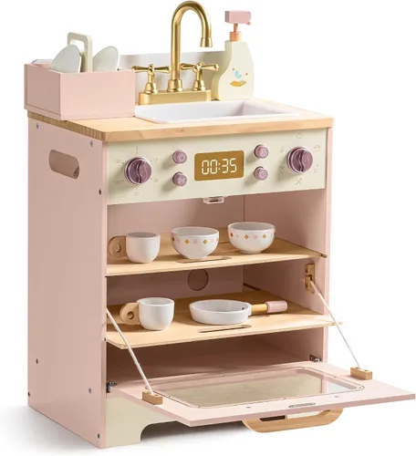 Miniatura 9 de ROBOTIME Fregadero Lavavajillas de Juguete de Madera – Juguete de Cocina Rosa de Fantasía con Grifo Dorado, Perillas Giratorias, Estante
