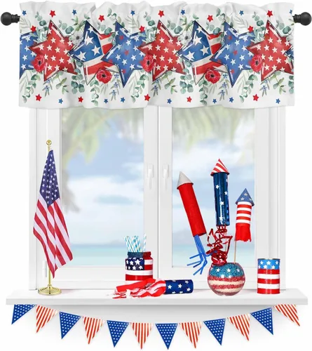 Miniatura 22 de Cortina de cenefas para el 4 de julio, diseño de corazón y bandera americana, cortina patriótica para ventanas de cocina, rojo, blanco y azul