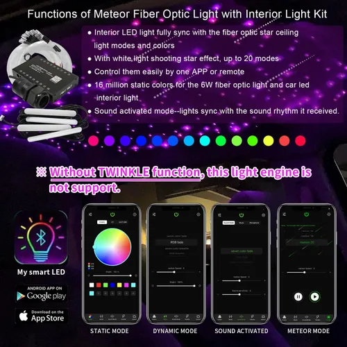 Miniatura 2 de AKEPO 3 en 1 Starlight Headliner Kits: Efecto Meteoro+6W RGBW Fibra Óptica Estrellas Luces+4 Coche Bajo Dash LED Luz, Música Sync App Control Fibras