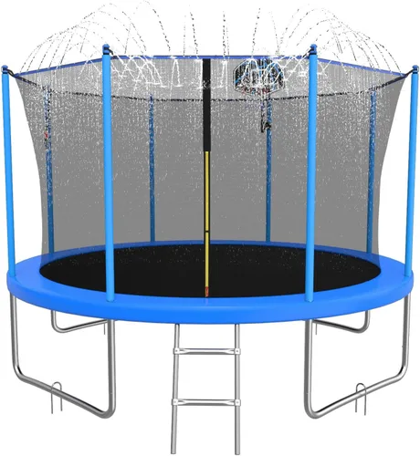 ACWARM HOME Trampolín para exteriores de 10/12/14 pies para niños y adultos, trampolín con aro de baloncesto y rociador, antioxidante, aprobado por