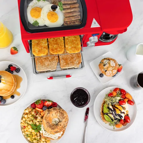 Miniatura 5 de Nostalgia Estación de desayuno retro 3 en 1, incluye cafetera de 5 tazas, plancha de cerámica antiadherente y horno tostador de 4 rebanadas, Rojo