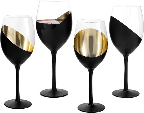 MyGift Juego de 4 Copas de Vino, Copas de Vino Tinto de 14oz, Cristalería Moderna Negro Mate y Dorado, Elegantes Copas de Bar para Bodas, Fiestas