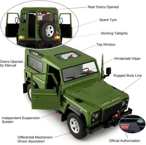 Miniatura 4 de RASTAR Land Rover Defender RC Car, modelo de juguete con control remoto Land Rover 1/14, puertas abiertas por manual, color verde