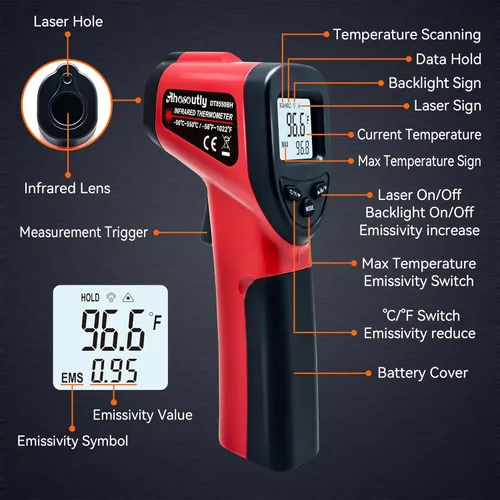 Miniatura 4 de Pistola de termómetro infrarrojo (NO para humanos) -58℉~1022℉ (-50℃～550℃) Termómetro láser digital infrarrojo de 9 puntos, sin contacto, lectura