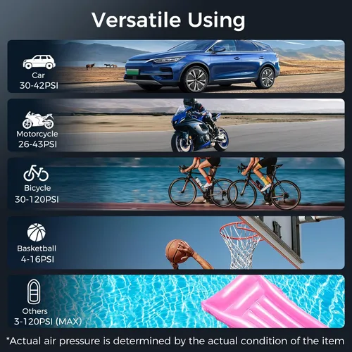 Miniatura 8 de ApexNexus Inflador de Neumáticos Compresor de Aire Portátil y Arrancador de Coche, Bomba de Aire Inalámbrica con Luz LED y Manómetro de Presión