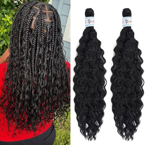 Cabello para trenzar rizado ondulado negro 1B preestirado de onda oceánica profunda de ganchillo bohemio para trenzar de 16 pulgadas, 2 paquetes de