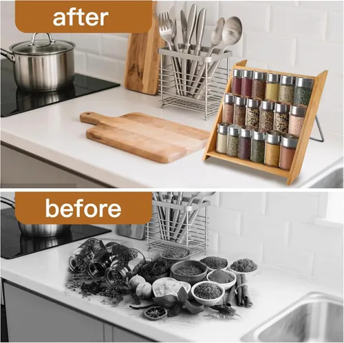 Miniatura 5 de Organizador de especias de bambú para 18 tarros, soporte de madera compacto de 3 niveles para encimera de cocina o cajón de gabinete, se adapta a