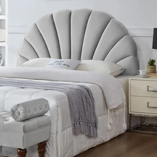 Miniatura 9 de 24KF Impresionante cabecera con diseño de corona, cabecera tapizada con patrón de pétalos de terciopelo suave, tamaño Queen, Matrimonial, color gris