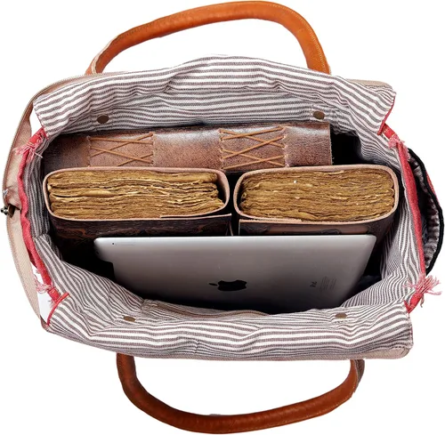 Miniatura 7 de Bolso de lona para mujer, bolso de hombro con asas de cuero, bolso de playa, bolso, viajes y uso diario (estampado vintage, rojo, 13 x 10 pulgadas)