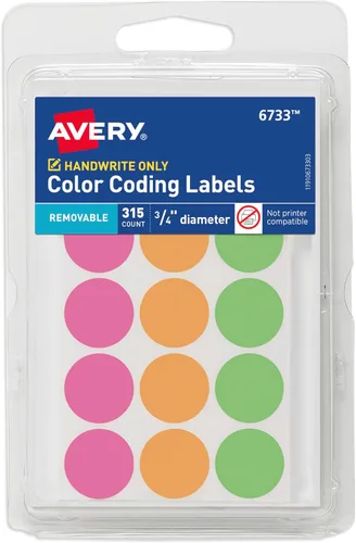 Avery Etiquetas extraíbles con codificación de colores, calcomanías redondas de 3/4 pulgadas, colores neón surtidos, no imprimibles, 315 etiquetas