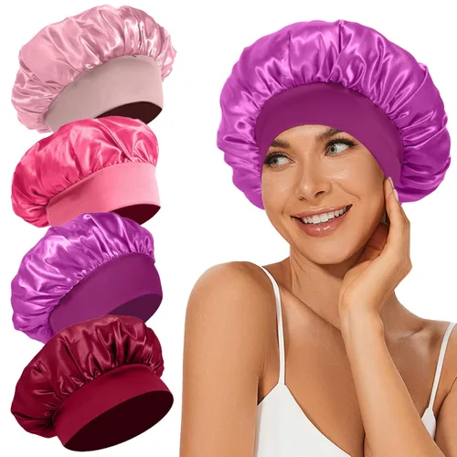 Miniatura 14 de 4 piezas de gorro de satén de seda, gorro de cabello para dormir, gorro de seda elástica de banda ancha para dormir, suave y transpirable