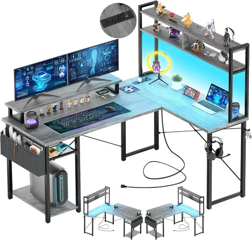Miniatura 8 de Aheaplus Escritorio pequeño en forma de L para gaming con luces LED y tomas de corriente, escritorio reversible en forma de L para computadora