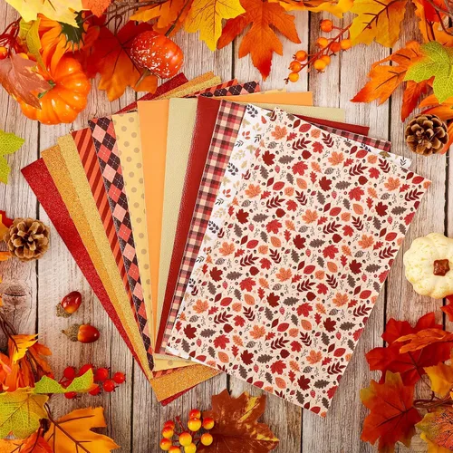 Miniatura 7 de Whaline Hojas de cuero sintético de otoño de 8 x 12 pulgadas, rayas a cuadros, hojas de arce, tela de cuero sintético brillante, naranja, rojo