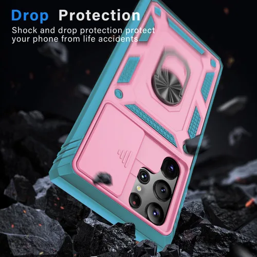Miniatura 4 de PASNEW Funda para Samsung Galaxy S22 Ultra 5G, cubierta de cámara deslizante y soporte de dedo de metal giratorio de 360°, militar, resistente, a