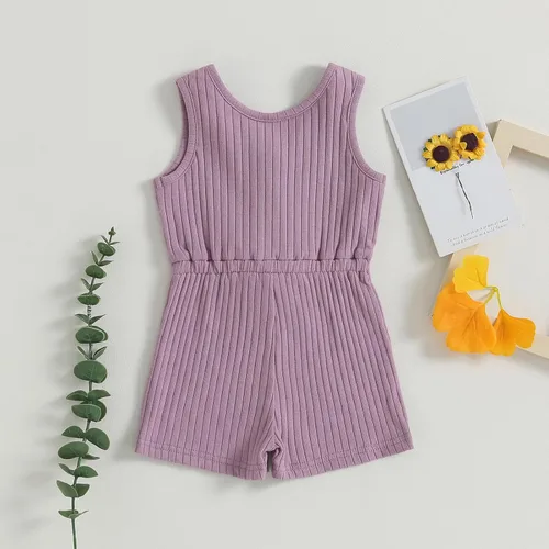 Miniatura 59 de Traje de verano para niña pequeña, de manga corta, acanalado, overol liso, pantalones cortos, ropa para recién nacidos