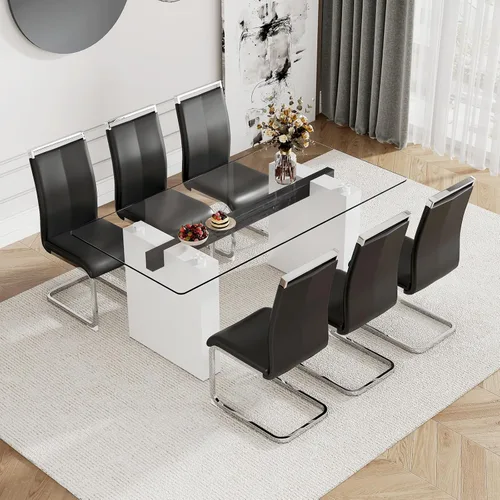 Miniatura 7 de Juego de mesa de comedor de vidrio de 71 pulgadas para 6, mesa de comedor para 6, mesa de vidrio templado con marco de MDF blanco y 6 sillas