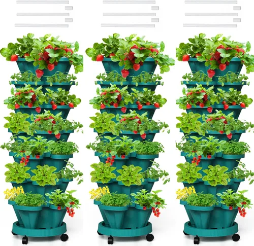 Miniatura 24 de Macetas verticales de fresa, paquete de 2 unidades, torre apilable de 5 niveles con poste de soporte, macetas apilables para hierbas y verduras