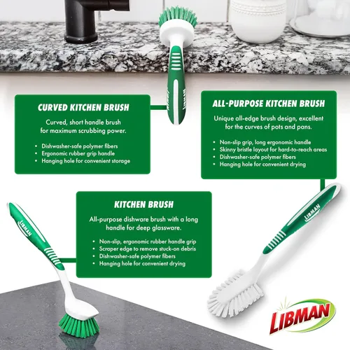 Miniatura 5 de Libman - Juego de cepillos de limpieza verde y blanco, juego de 3 piezas, cepillos multiusos para cocina, lavabos, fregaderos, lavavajillas