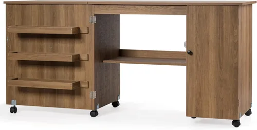 Mesa de coser plegable de madera, carrito grande para manualidades de costura con estantes de almacenamiento ajustables y ruedas con cerradura,