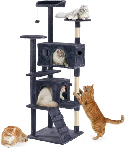 Miniatura 25 de DUMOS Torre grande de árbol para gatos de 66 pulgadas, torre alta de escalada para gatos de varios niveles con postes rascadores de sisal natural