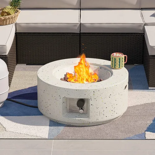 Miniatura 11 de SUNBURY Mesa redonda para fogata de propano de 28 pulgadas, mesa redonda con tanque de 40.000 BTU, mesa de gas blanca manchada para patio